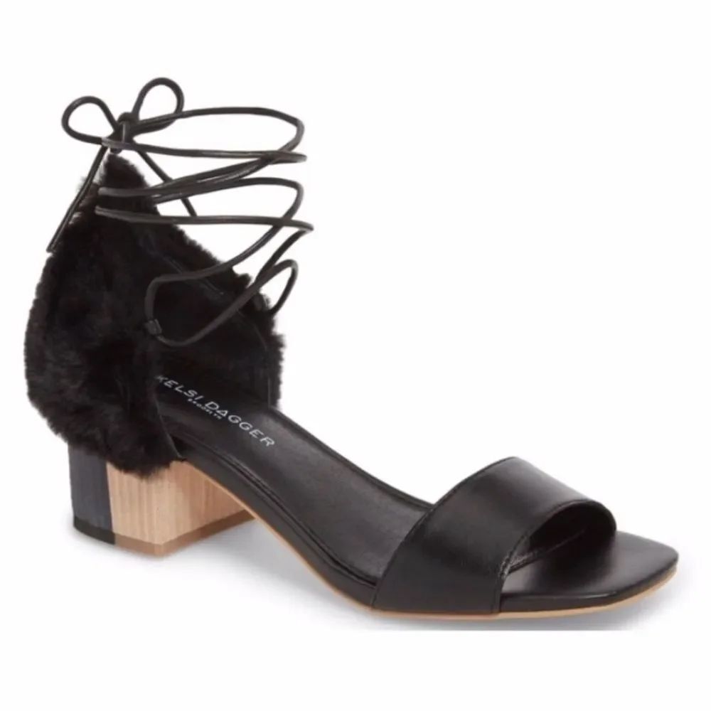 NEW Kelsi Dagger Brooklyn Black Sam Genuine Leather Faux Fur Heel Sandals 9.5